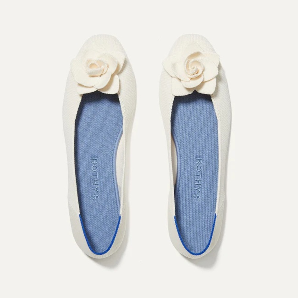 Rothy’s The Petal Square Love Bird Ivory Flats with Flower Appliqué